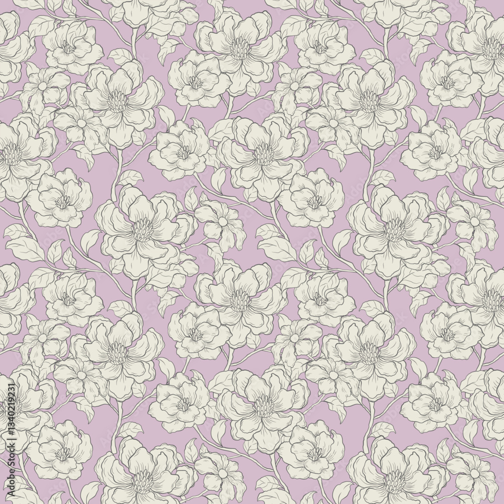 Hand drawing botanical seamless pattern, embroidery, textile, fabric, silk, vector illustration design.