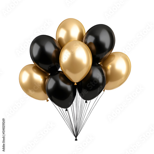 Elegant arrangement of shimmering gold and sleek black balloons perfectly poised for a celebratory party or event