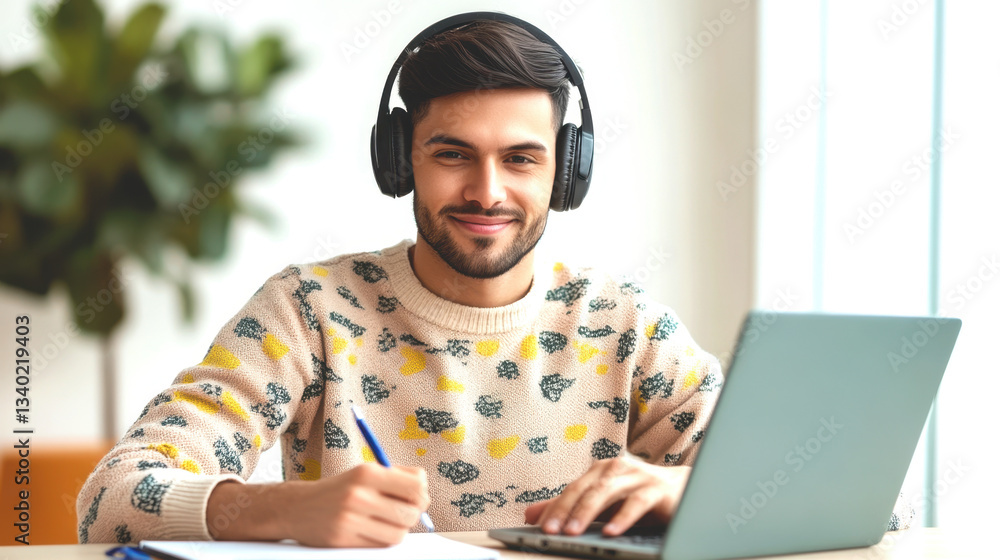 A man is sitting at a table with a laptop and headphones on head, Work at home A man is sitting at a table with a laptop and headphones on head, Work at home
