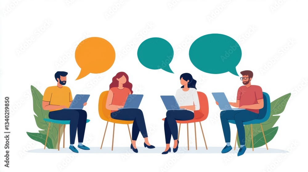 Group of People Engaged in Discussion with Speech Bubbles Illustrations Group of People Engaged in Discussion with Speech Bubbles Illustrations