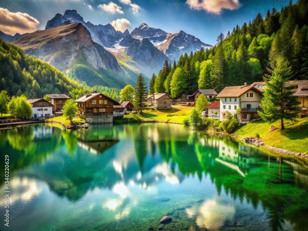 Obraz premium Idyllic Alpine Lake & Village in Valle D'Aosta, Italy - Stunning High-Resolution Stock Photo