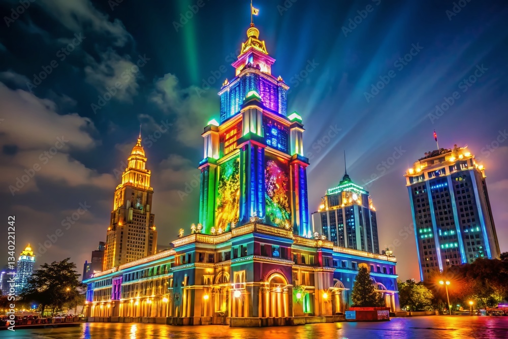 Obraz premium Illuminated City Tower at Night - Festive Building Lights Celebration
