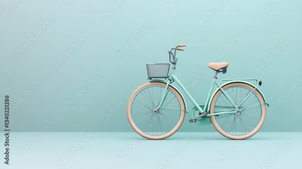 Fototapeta premium Light green bicycle with a basket on a light green background. Studio shot. 