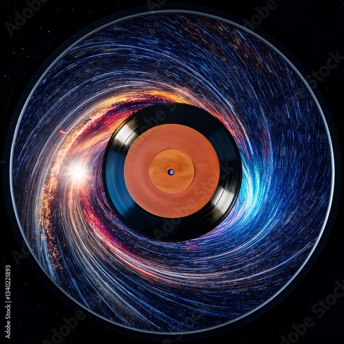 Cosmic Melody: Vinyl record swirls within a mesmerizing galactic scene, blending music with the universe, creating a visually captivating fusion of sound and space. 