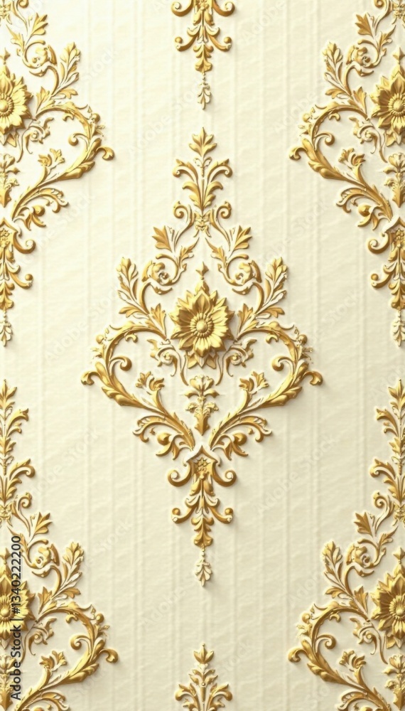 Cream and gold damask pattern with delicate floral motifs and intricate scrollwork, showcasing a luxurious and elegant appearance, luxury fabric, cream wallpaper Cream and gold damask pattern with delicate floral motifs and intricate scrollwork, showcasing a luxurious and elegant appearance, luxury fabric, cream wallpaper
