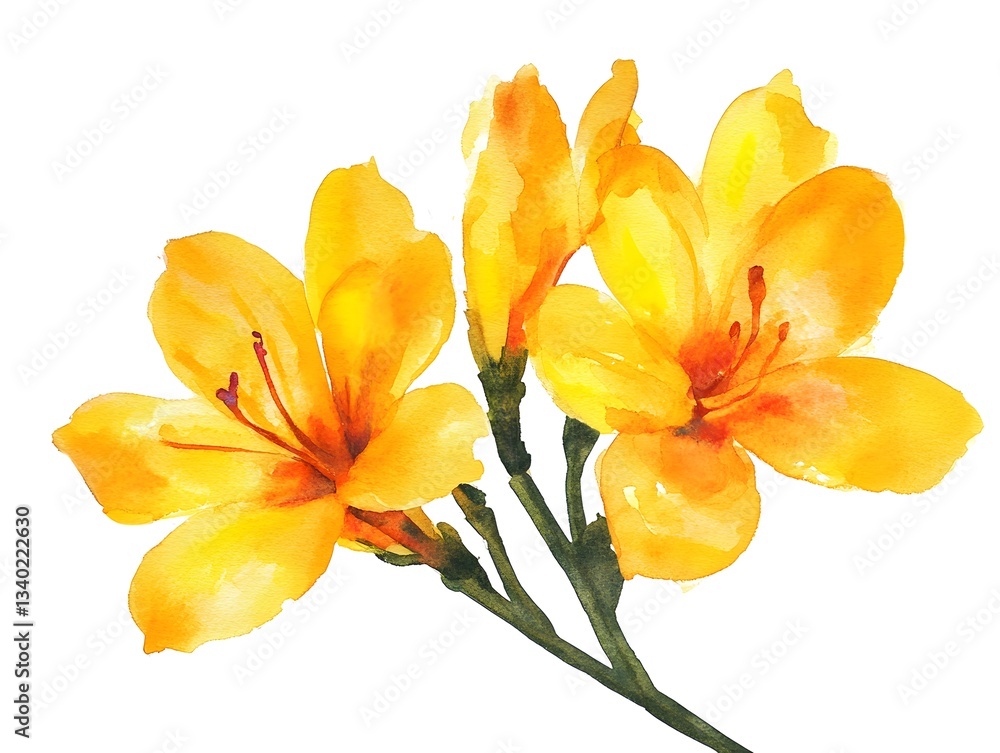 Obraz premium Watercolor Yellow Flowers Blooming Lilies Botanical Illustration