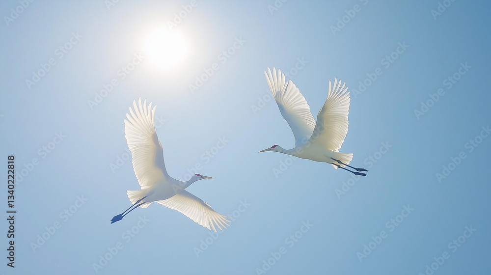 Obraz premium two heron cranes flying with moon in the background 