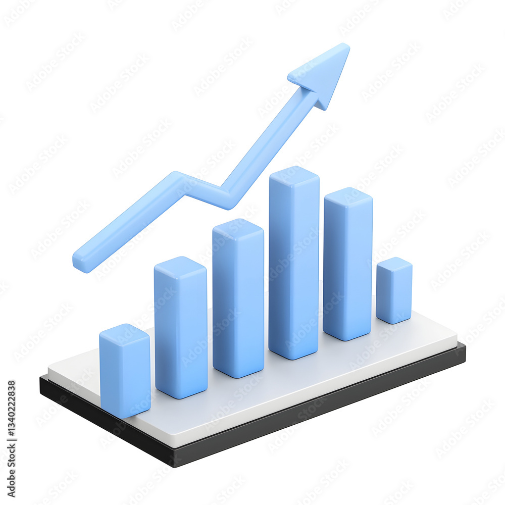 A professional 3D bar chart with an increasing trend arrow ideal for data analysis and statistics isolated on a white transparent background A professional 3D bar chart with an increasing trend arrow ideal for data analysis and statistics isolated on a white transparent background