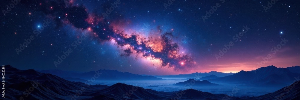 Fototapeta premium Cosmic landscape of dark night sky filled with glittering stars, infinity, universe, space