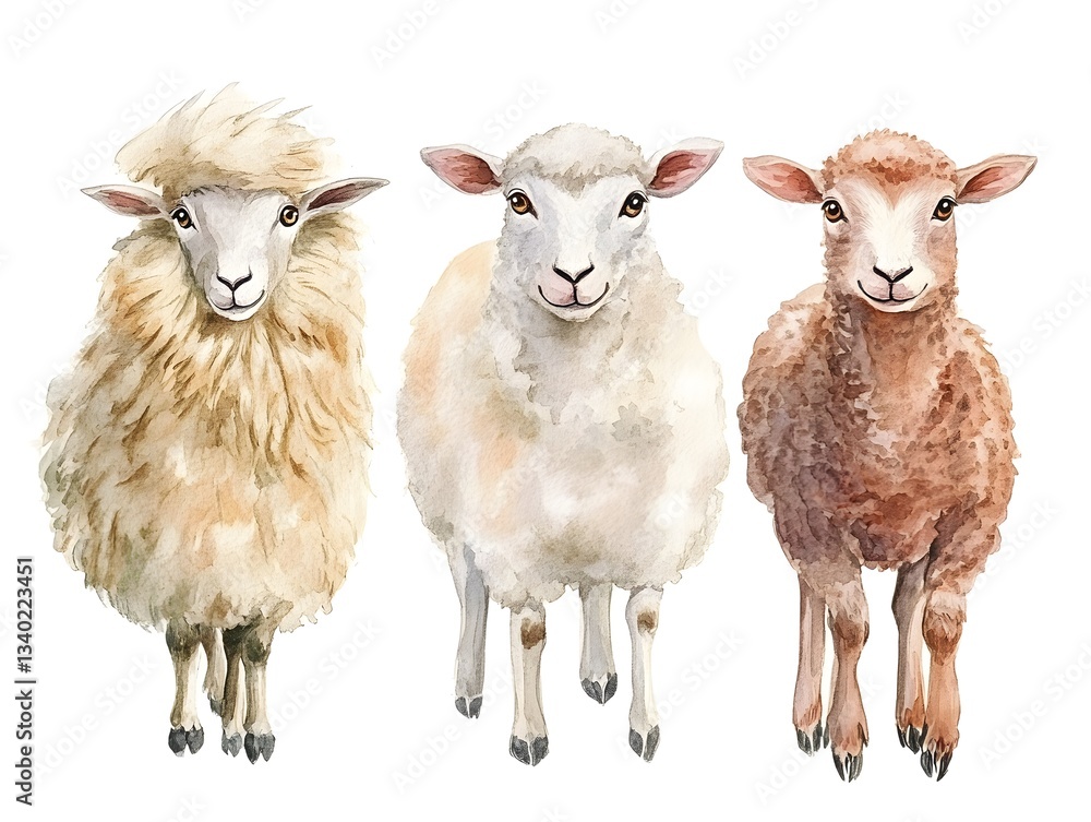 Fototapeta premium Three Watercolor Sheep Cute Farm Animals Fluffy Wool Adorable Faces