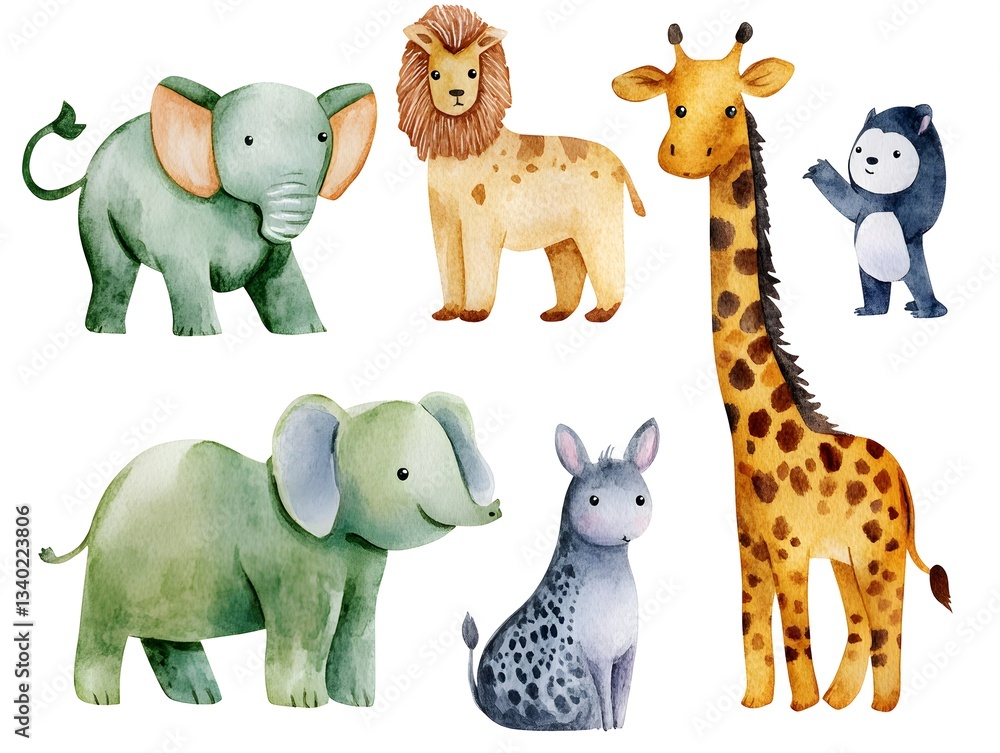 Naklejka premium Adorable Watercolor Safari Animals Elephants Lion Giraffe Hyena