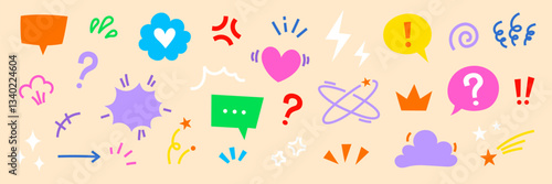 Comic cute speech bubble cartoon effect element icon set. Comic cute speech bubble, emoji, star spark, line movement cartoon vector icon. Outline doodle heart, arrow, funny spark. Vector illustration