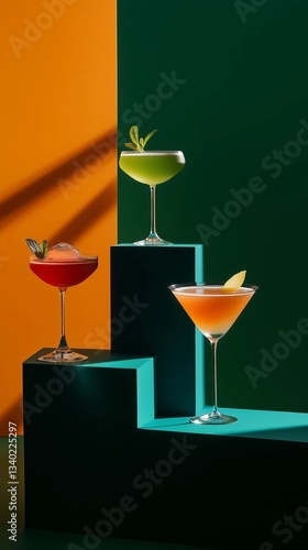 Beautifully arranged cocktails on colorful geometric blocks in a modern setting showcasing vibrant drink presentations