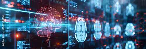 Futuristic medical interface displaying human brain scans (MRI/CT) alongside neurological data analysis. Concept for healthcare technology, neuroscience, AI diagnostics.

