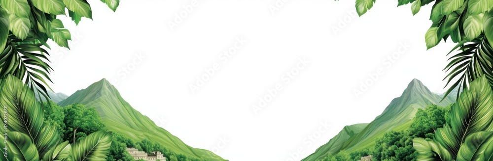 Lush green tropical foliage frames a serene landscape of verdant mountains under a bright, clear sky. The scene evokes tranquility and the beauty of nature. Lush green tropical foliage frames a serene landscape of verdant mountains under a bright, clear sky. The scene evokes tranquility and the beauty of nature.