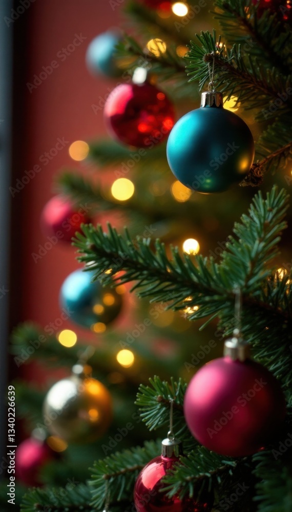 Close-up of a decorated Christmas tree with colorful baubles and shining string lights, close-up, string lights Close-up of a decorated Christmas tree with colorful baubles and shining string lights, close-up, string lights