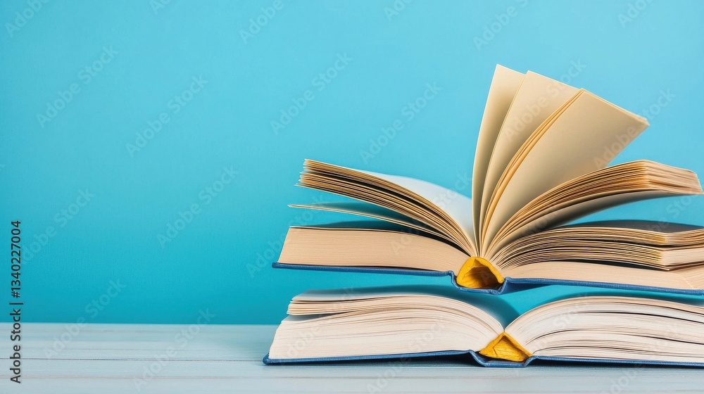 Fototapeta premium Open Books on a Wooden Table with a Blue Background