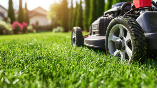 close up of vibrant green grass freshly mowed, showcasing lawnmower in action