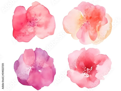 Fototapeta Naklejka Na Ścianę i Meble -  Watercolor Pink Flowers Set  Floral Design  Botanical Illustration