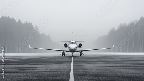 Front View of Business Jet on Tarmac in Foggy Conditions.
