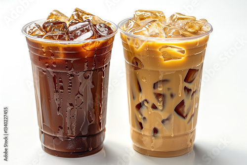 Summer drink background, iced coffee latte on white background, iced americano or brewed coffee