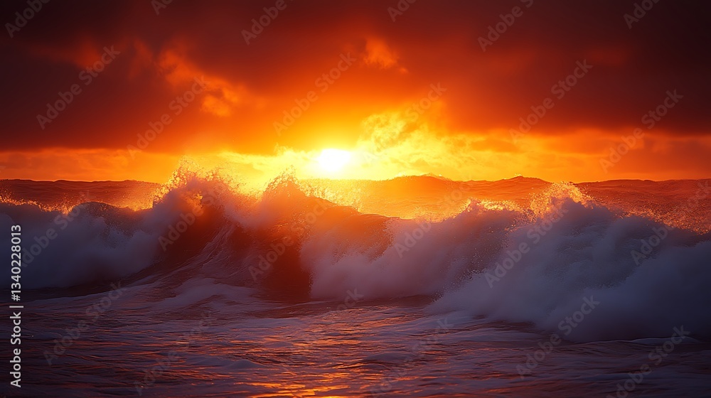 Fototapeta premium Fiery sunset over crashing ocean waves.