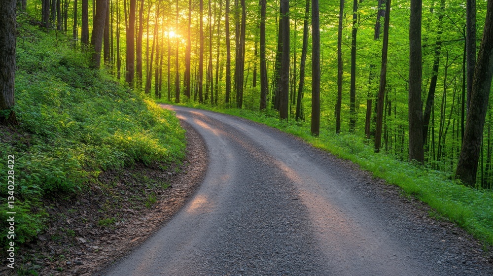 Fototapeta premium Sunlit gravel road curves through lush green forest at sunset. Warm light illuminates path, creating serene atmosphere. 