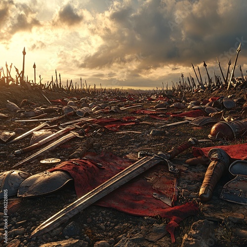 A medieval battlefield scattered with fallen weapons