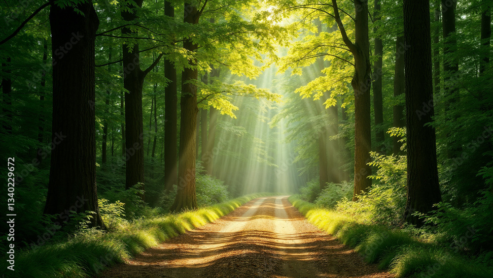 Sunlit Forest Pathway with Lush Green Trees and Serene Atmosphere Sunlit Forest Pathway with Lush Green Trees and Serene Atmosphere