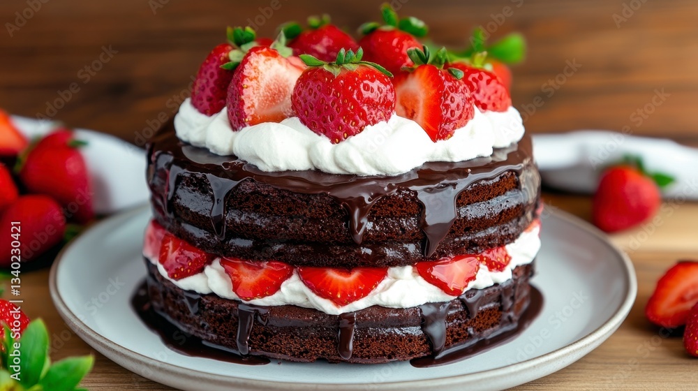 Delicious chocolate cake layered with whipped cream and fresh strawberries, topped with chocolate ganache and more strawberries. Served on a white plate against a dark wooden background. Delicious chocolate cake layered with whipped cream and fresh strawberries, topped with chocolate ganache and more strawberries. Served on a white plate against a dark wooden background.