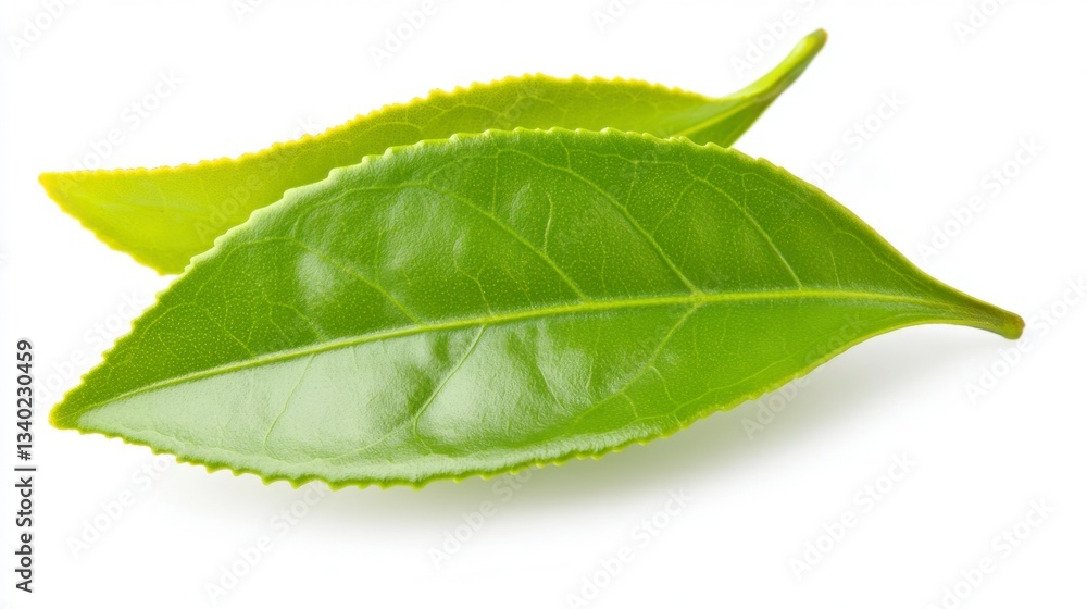 Fototapeta premium Two vibrant green tea leaves, glistening and fresh, are captured against a stark white background. The image showcases the detail and texture of the leaves.