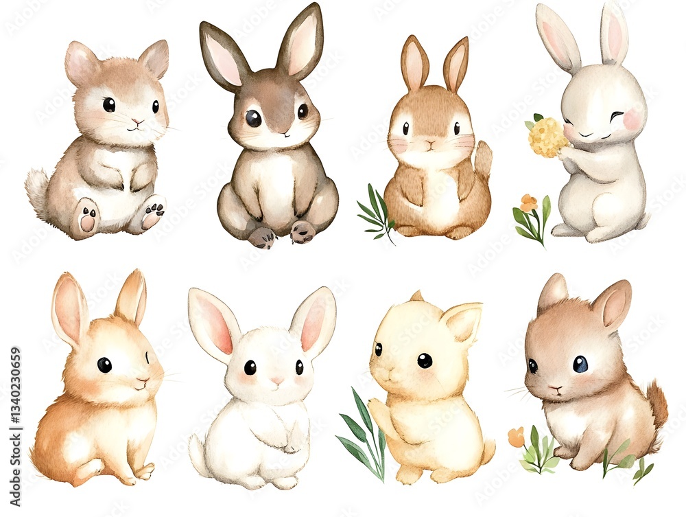 Obraz premium Adorable Watercolor Baby Bunnies Rabbits Clipart Set