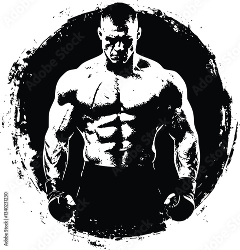 Black and White Grunge Circle with Muscular MMA Fighter Standing Ready for Combat in Stoic Pose
