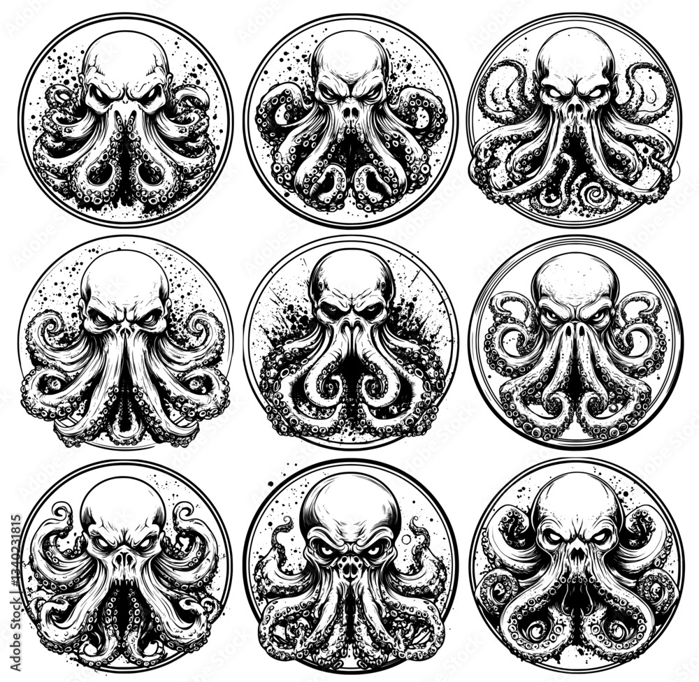 Grunge Black and White Circular Illustration of a Cthulhu-like Sea Monster with Writhing Tentacles Grunge Black and White Circular Illustration of a Cthulhu-like Sea Monster with Writhing Tentacles
