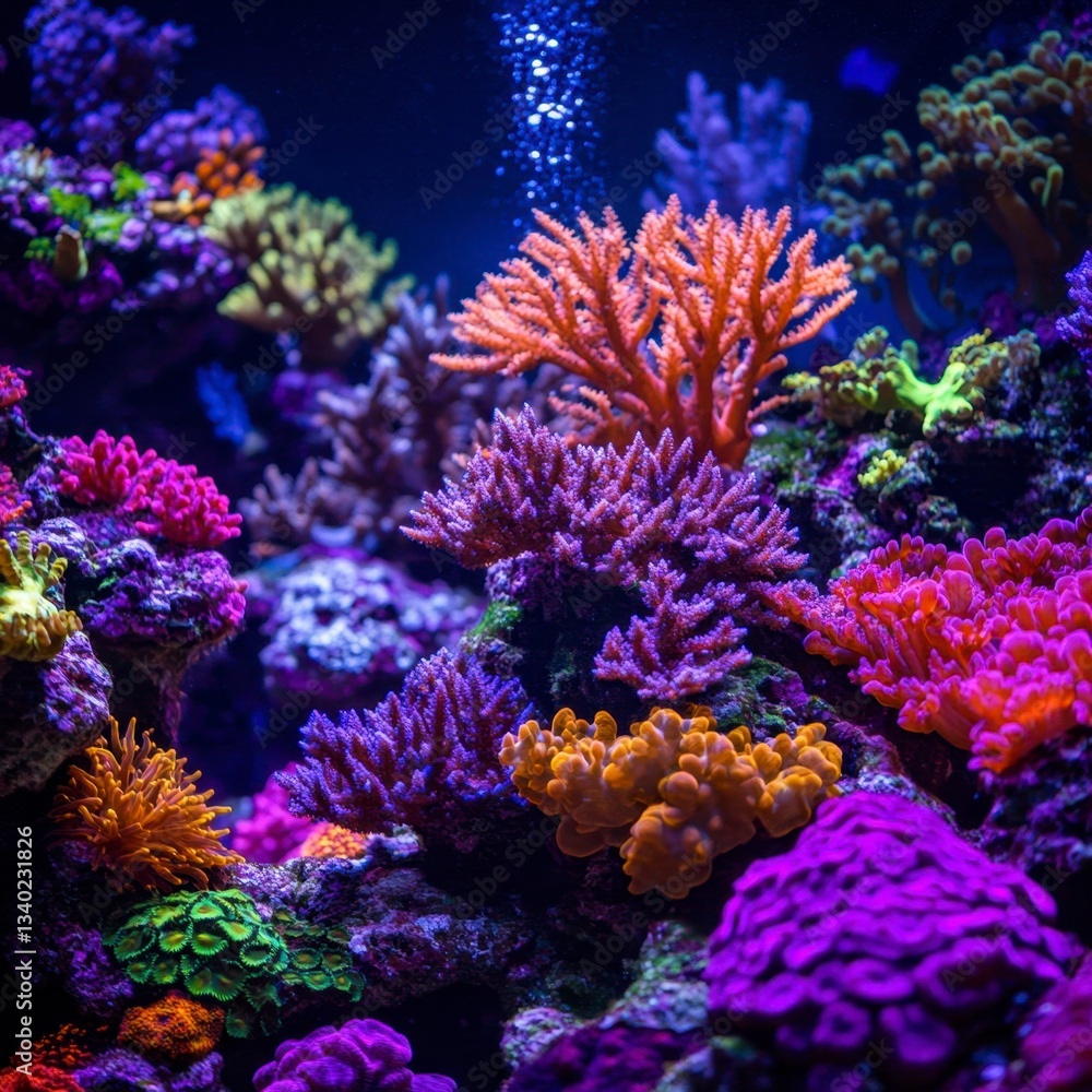 Vibrant coral reef scene underwater with diverse coral formations in various colors, illuminated by artificial light source. Shows a variety of coral species and textures. Vibrant coral reef scene underwater with diverse coral formations in various colors, illuminated by artificial light source. Shows a variety of coral species and textures.