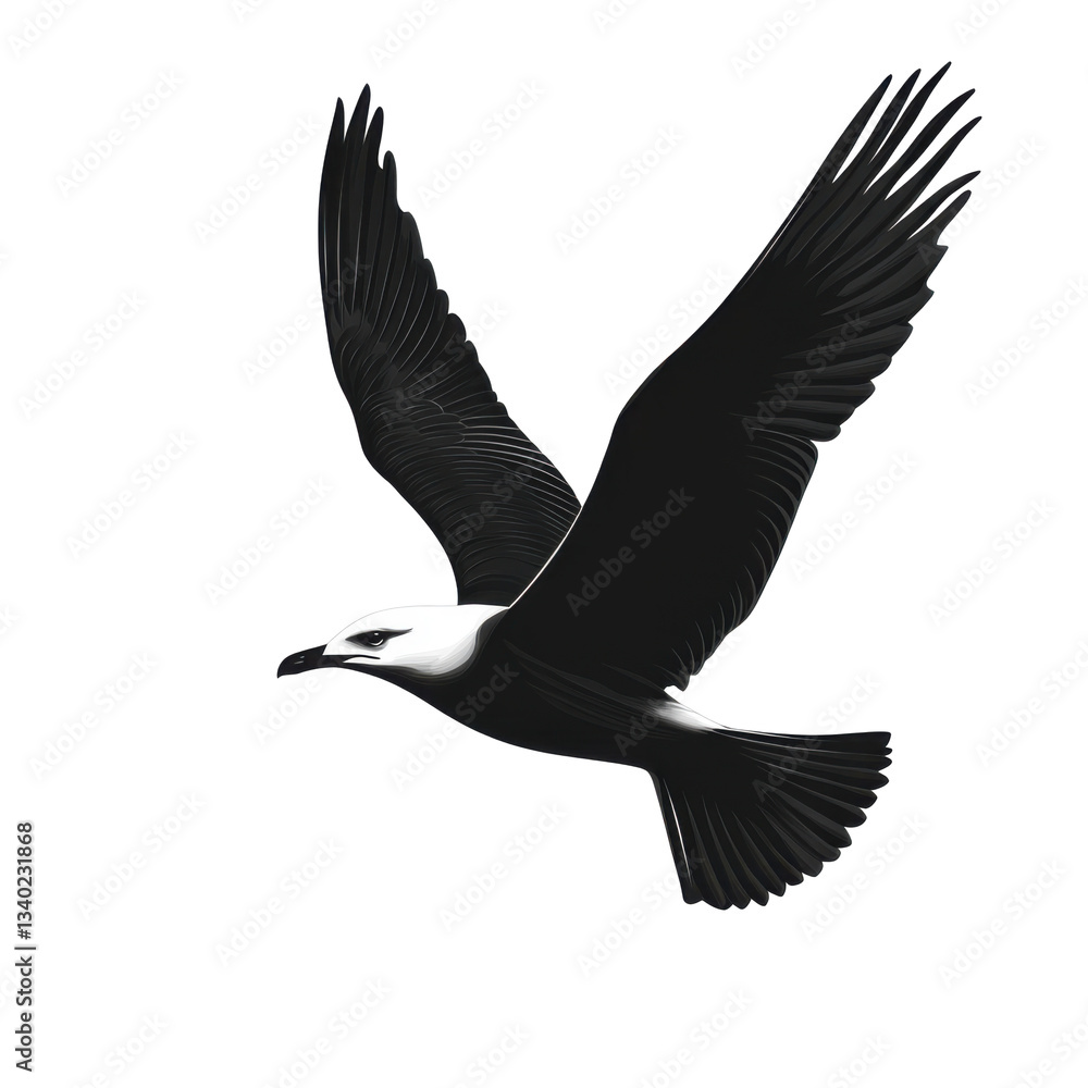 Fototapeta premium Silhouette seagull in flight over ocean waves nature illustration coastal view