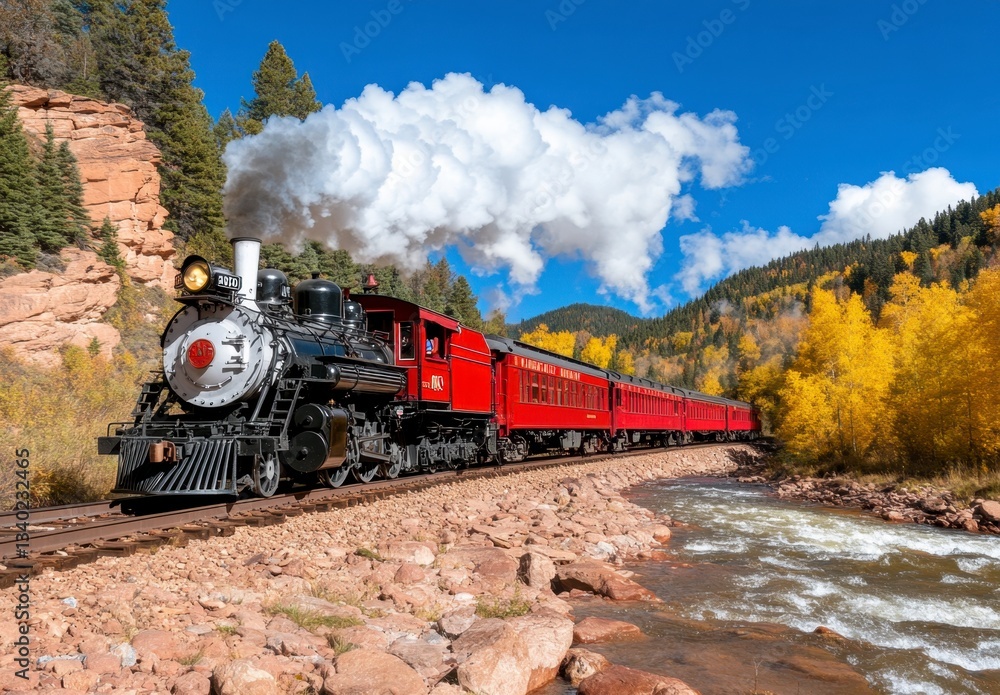 Obraz premium A red vintage steam train chugs along a mountain railway beside a rushing stream, autumn foliage in vibrant golds and reds framing the scene under a clear blue sky.