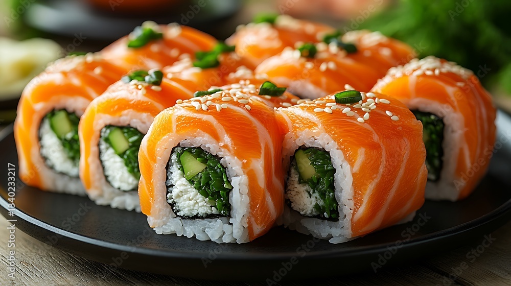 Delicious salmon sushi rolls with cream cheese and avocado on a dark plate. Delicious salmon sushi rolls with cream cheese and avocado on a dark plate.