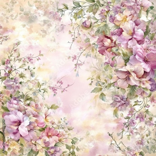 Wallpaper Mural Watercolor painting of purple and pink flowers with green leaves on a cream background. Soft, romantic and dreamy atmosphere. Pastel colors create a serene mood. Torontodigital.ca