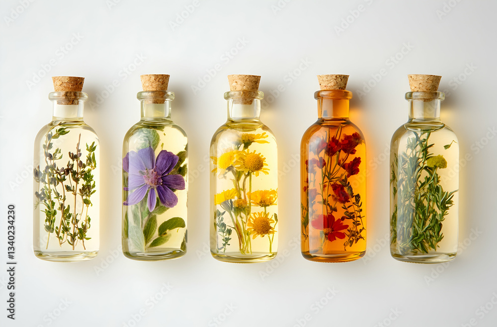 Various Glass Bottles Filled With Herb and Flower Infusions in Different Colors on a Light Background Various Glass Bottles Filled With Herb and Flower Infusions in Different Colors on a Light Background