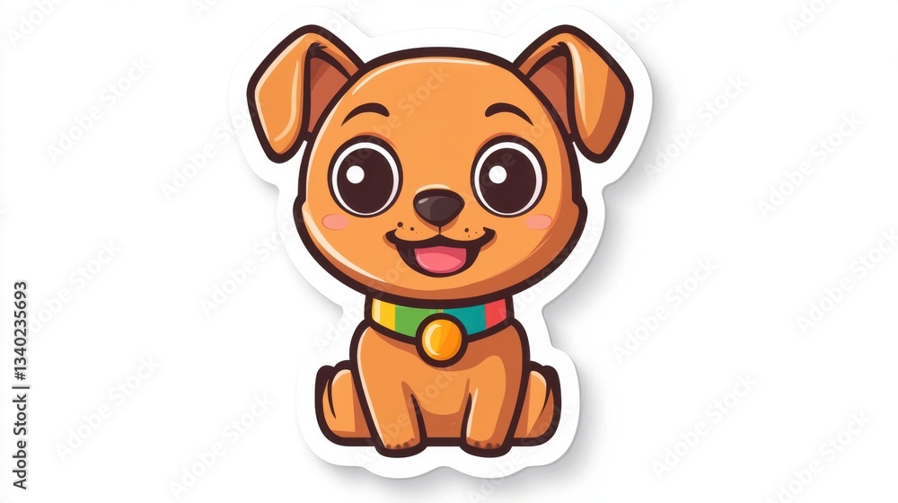 Fototapeta premium Adorable cartoon puppy with big eyes, brown fur, and a colorful collar sits on a white background. Pixel art style.