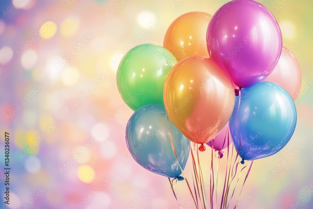 A vibrant mix of colorful balloons arranged on a soft, bright background, evoking celebration and happiness.