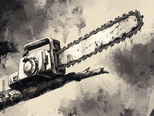 A vintage chainsaw resting on a branch, presented in a stylized, monochrome artistic illustration.