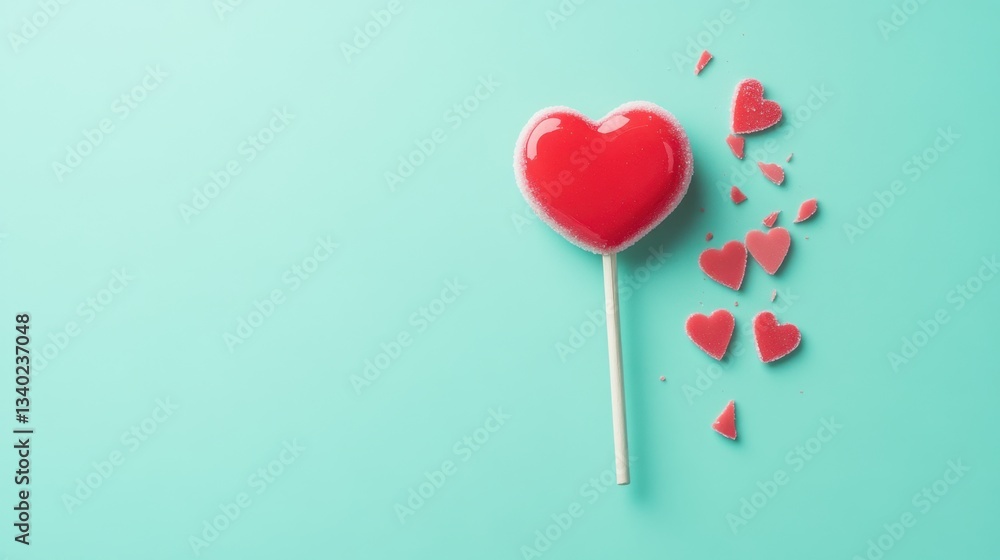 Heart-shaped lollipop with broken candy hearts on a turquoise background, vivid colors, playful and romantic concept, ideal for Valentine's Day and celebrations Heart-shaped lollipop with broken candy hearts on a turquoise background, vivid colors, playful and romantic concept, ideal for Valentine's Day and celebrations