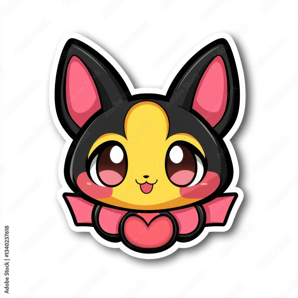 Obraz premium Adorable cartoon cat illustration, pixel art style, black, yellow, and pink colors, large eyes, heart shaped ribbon, white background.