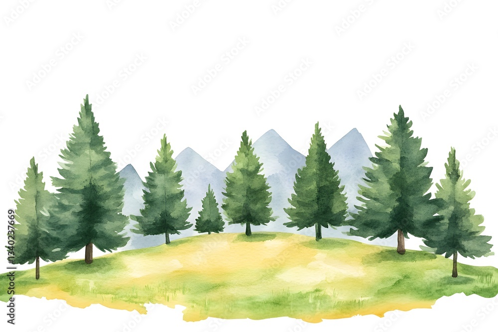 Fototapeta premium Watercolor Landscape Mountain Forest Pine Trees Hill