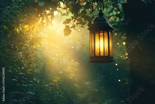 A floating lantern hovering amidst the sunbeams in a dreamlike forest.