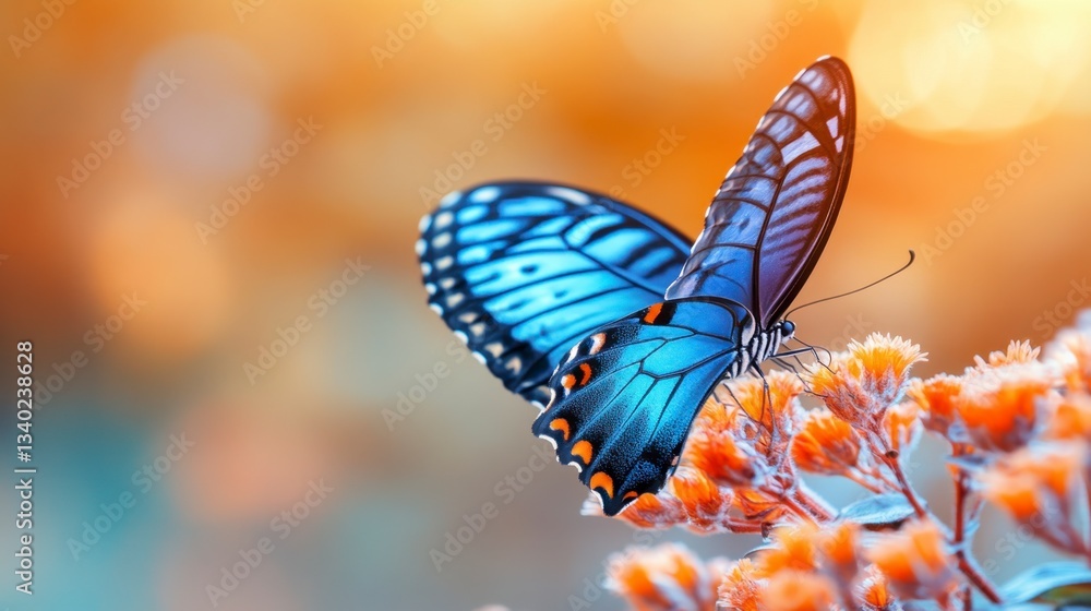 Naklejka premium Close up of a vibrant blue butterfly with black markings delicately perched on a cluster of orange flowers. Soft, warm sunlight illuminates the scene, creating a serene and peaceful atmosphere.