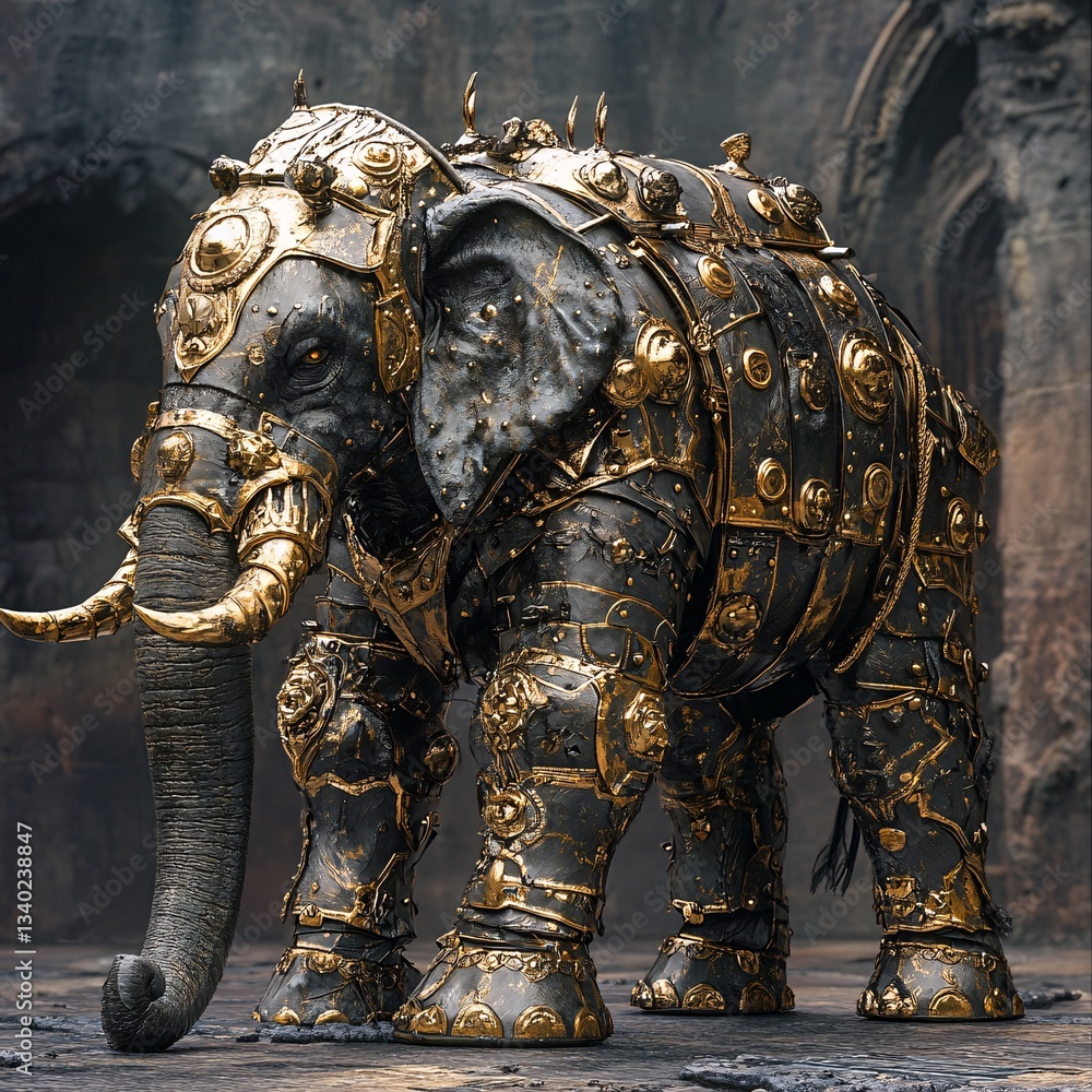 A medieval armored war elephant with golden plating A medieval armored war elephant with golden plating