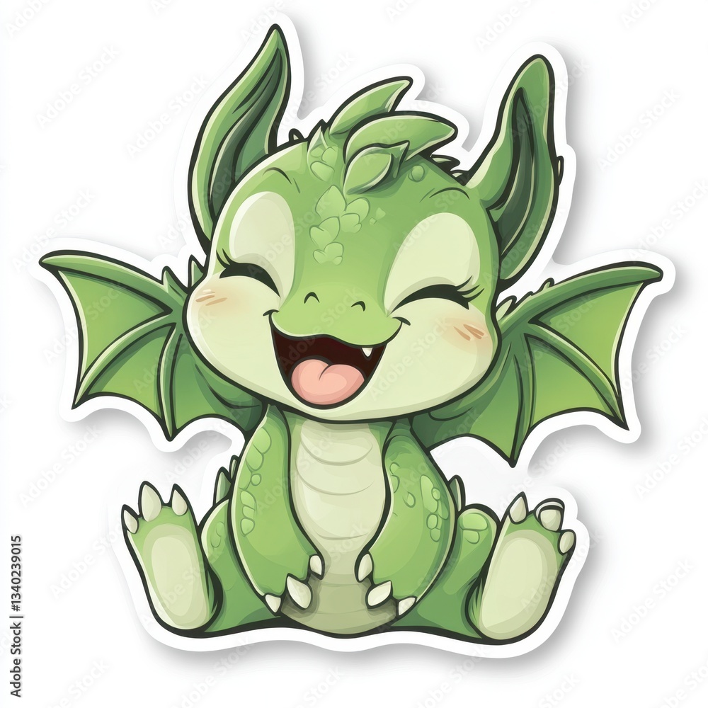 Naklejka premium A cheerful green dragon with large ears and wings sits happily, its mouth open in a joyful expression. The illustration style is cartoonish and charming.